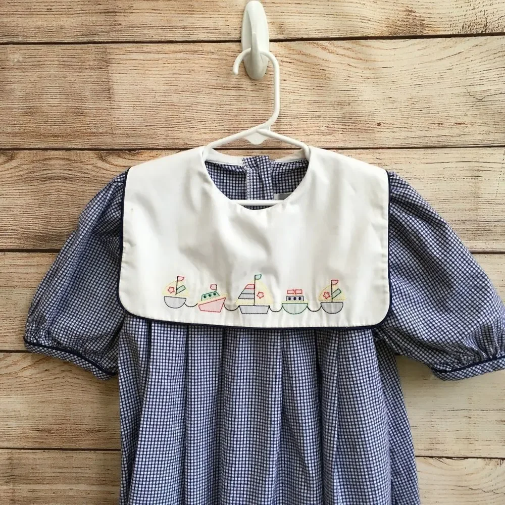 VINTAGE JUDY LYNN EMBROIDERED DRESS‎ IN BLUE AND WHITE GINGHAM